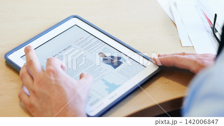 Entrepreneur, tablet and article for corporate research, connectivity and information on competition. Person, digital screen or internet browsing for newsletter, blog post or website on business Entrepreneur, tablet and article for corporate research, connectivity and information on competition. Person, digital screen or internet browsing for newsletter, blog post or website on business 142006847