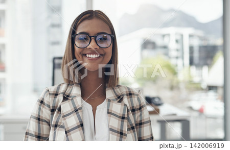 Portrait, smile and creative woman worker in office happy and ready to start working day. Professional, startup business and affirmative action copywriter with workplace growth and job internship 142006919