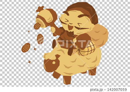 Wood carving-style vector illustration of Daikoku-san and a sheep, a lucky charm. Wood carving-style vector illustration of Daikoku-san and a sheep, a lucky charm. 142007059