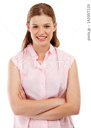 Girl, arms crossed and smiling in studio portrait for confidence, style and fashion in smart casual shirt. Female person, happy and relaxed on white background for work clothes or professional wear Girl, arms crossed and smiling in studio portrait for confidence, style and fashion in smart casual shirt. Female person, happy and relaxed on white background for work clothes or professional wear 142007129