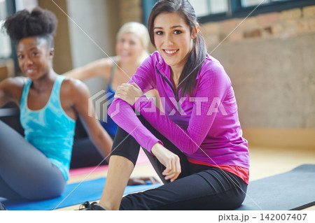 Portrait, woman and happy with class in gym for cardio exercise, morning routine and support. Fitness, ready and female person with smile for collaboration, training and workout at health club Portrait, woman and happy with class in gym for cardio exercise, morning routine and support. Fitness, ready and female person with smile for collaboration, training and workout at health club 142007407