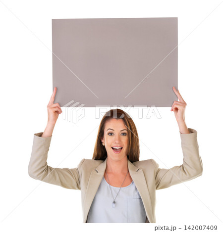 Happy woman, portrait and billboard with poster in advertising or marketing on a white studio background. Female person or business employee with sign for promotion or job opportunity on mockup space Happy woman, portrait and billboard with poster in advertising or marketing on a white studio background. Female person or business employee with sign for promotion or job opportunity on mockup space 142007409