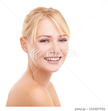 Face, beauty and portrait of woman in studio with natural, health and wellness routine. Cosmetic, smile and young female model from Australia with facial dermatology treatment by white background. 142007595
