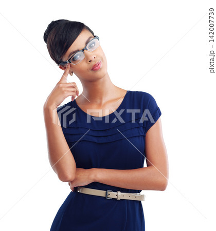 Business, woman and portrait of secretary in studio, white background or thinking in mockup space. Professional, planning and worker with doubt review info for decision, choice or remember ideas Business, woman and portrait of secretary in studio, white background or thinking in mockup space. Professional, planning and worker with doubt review info for decision, choice or remember ideas 142007739