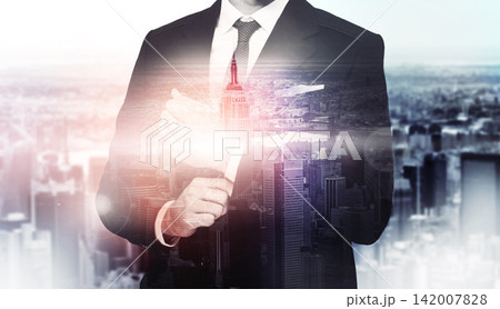Business, man and thinking with double exposure in city as architect for inspiration or ambition with career goals for future. Formal, employee and building with ideas or planning of company growth 142007828