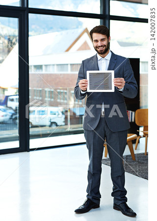 Business man, tablet and screen with graph, data report or presentation for corporate growth and development in office. Market stats, chart and crypto info, change in numbers and company progress 142007835
