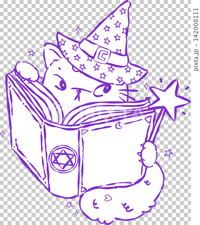 Outline Bookish Halloween Witch Cat Reading Spell Book with Wand Hand Drawn Illustration Outline Bookish Halloween Witch Cat Reading Spell Book with Wand Hand Drawn Illustration 142008111