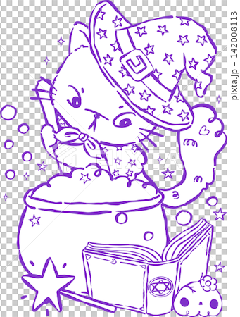 Kawaii Halloween Witch Cat Outline Reading Book, Brewing Potion Hand Drawn Illustration 142008113