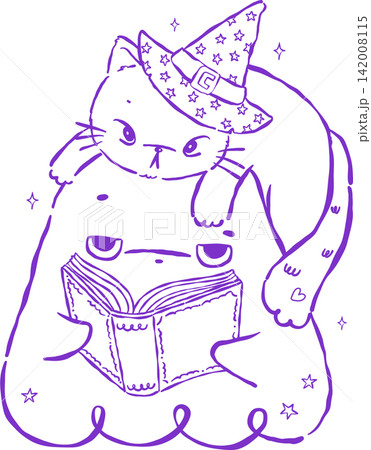 Cute Halloween Ghost Outline Reading Book with Witch Cat Hand Drawn Illustration 142008115