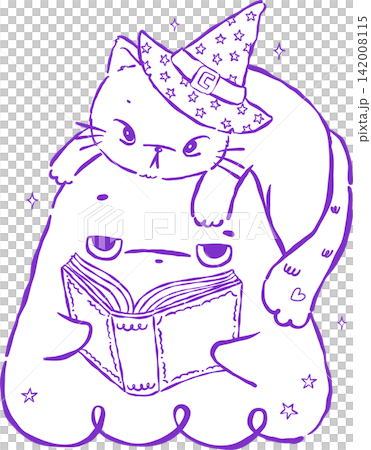 Cute Halloween Ghost Outline Reading Book with Witch Cat Hand Drawn Illustration 142008115