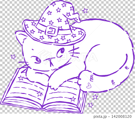 Halloween Witch Cat Outline Reading Magic Book Hand Drawn Illustration Halloween Witch Cat Outline Reading Magic Book Hand Drawn Illustration 142008120