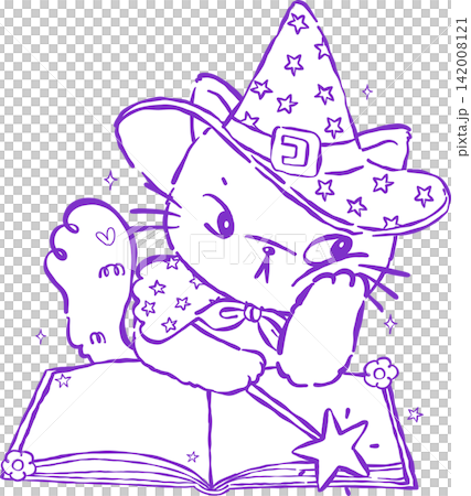 Halloween Witch Cat Outline Reading Magic Book with Wand Hand Drawn Illustration Halloween Witch Cat Outline Reading Magic Book with Wand Hand Drawn Illustration 142008121