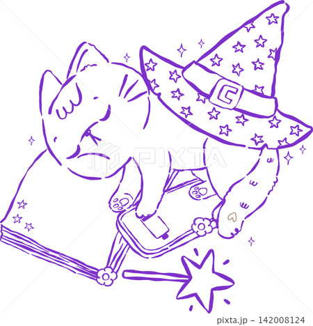 Halloween Witch Cat Outine Sleeping with Open Book and No Battery Phone Hand Drawn Illustration Halloween Witch Cat Outine Sleeping with Open Book and No Battery Phone Hand Drawn Illustration 142008124