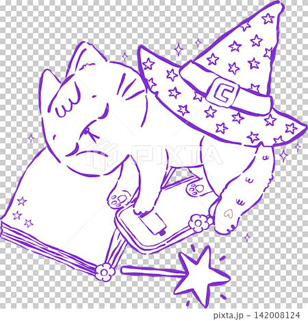 Halloween Witch Cat Outine Sleeping with Open Book and No Battery Phone Hand Drawn Illustration Halloween Witch Cat Outine Sleeping with Open Book and No Battery Phone Hand Drawn Illustration 142008124