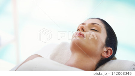 Salon, beauty and woman relax at spa for massage, facial treatment and luxury pamper. Aesthetic, skincare and person with eyes closed at resort for wellness, cosmetics service and dermatology therapy Salon, beauty and woman relax at spa for massage, facial treatment and luxury pamper. Aesthetic, skincare and person with eyes closed at resort for wellness, cosmetics service and dermatology therapy 142008349