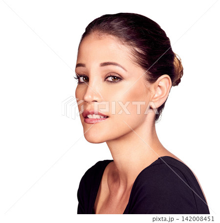 Closeup, serious and portrait of woman for cosmetics, makeup and beauty isolated on white background. Cosmetology, face and mockup space with female person for skin care, treatment and dermatology 142008451