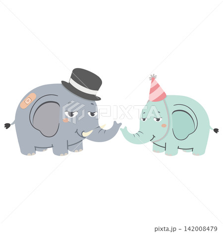 Elephant father and calf touching trunks Elephant father and calf touching trunks 142008479