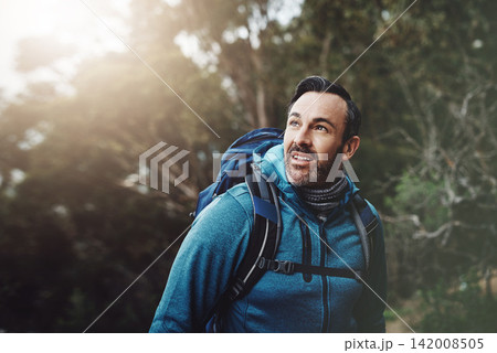 Hiking, nature and man in nature thinking with backpack for adventure, trekking and freedom. Travel, fitness and person outdoors for wellness, fresh air and exercise on holiday, journey or vacation 142008505
