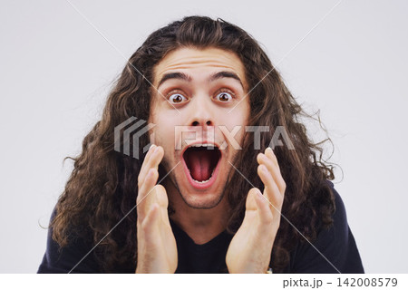 Man, portrait and shock in studio for bonus, sale and wtf or omg for prize on white background. Excited male person, surprise and what for lottery success, winner and discount or happy for deal Man, portrait and shock in studio for bonus, sale and wtf or omg for prize on white background. Excited male person, surprise and what for lottery success, winner and discount or happy for deal 142008579