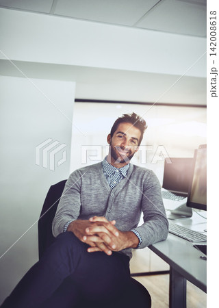 Businessman, computer and happy at desk in office for telemarketing, email and online communication. Portrait, male person and technology in workplace for internet, retail and consulting agent. Businessman, computer and happy at desk in office for telemarketing, email and online communication. Portrait, male person and technology in workplace for internet, retail and consulting agent. 142008618