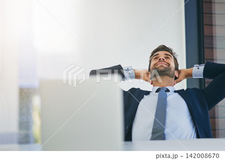 Laptop, businessman and stretching to relax in office after finishing job, sales project or work with smile. Career, consultant or male person on break for rest, planning marketing strategy or email Laptop, businessman and stretching to relax in office after finishing job, sales project or work with smile. Career, consultant or male person on break for rest, planning marketing strategy or email 142008670