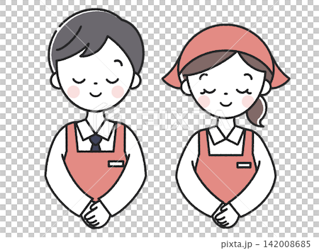 A male and female shop employee bowing. A male and female shop employee bowing. 142008685