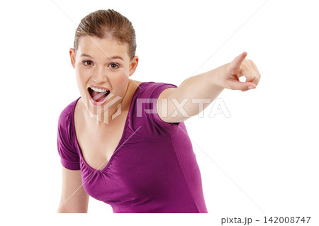 Woman, pointing and surprised in studio or portrait for shock, advertising or target for career. Female model, happiness and white background or excited for work as virtual assistant, space for news Woman, pointing and surprised in studio or portrait for shock, advertising or target for career. Female model, happiness and white background or excited for work as virtual assistant, space for news 142008747