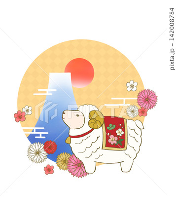 ひつじ年　富士山と日の出　年賀状イラスト 142008784
