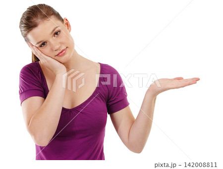 Beauty, portrait and girl with hand space in studio for makeup, review or wellness results on white background. Mockup, face and gen z model with empty palm for skincare, information and promotion Beauty, portrait and girl with hand space in studio for makeup, review or wellness results on white background. Mockup, face and gen z model with empty palm for skincare, information and promotion 142008811