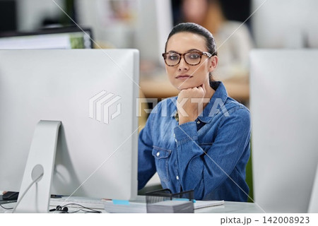 Creative, portrait and woman in office with computer for online work in designer agency or company. Girl, confident and technology for ui task on multimedia or graphic design project for business. Creative, portrait and woman in office with computer for online work in designer agency or company. Girl, confident and technology for ui task on multimedia or graphic design project for business. 142008923
