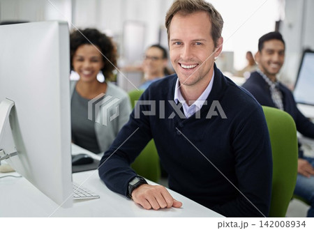 Portrait, man and group with computer, smile and office as team for company, corporate or business. Businesspeople, happy and technology for economy in graphic design, magazine and publication Portrait, man and group with computer, smile and office as team for company, corporate or business. Businesspeople, happy and technology for economy in graphic design, magazine and publication 142008934
