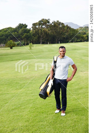 Golf, bag and portrait of man on course with confidence, smile and professional career as player. Sports, nature and athlete on green for tee off, game or competition with grass, club or happy caddy. Golf, bag and portrait of man on course with confidence, smile and professional career as player. Sports, nature and athlete on green for tee off, game or competition with grass, club or happy caddy. 142008965