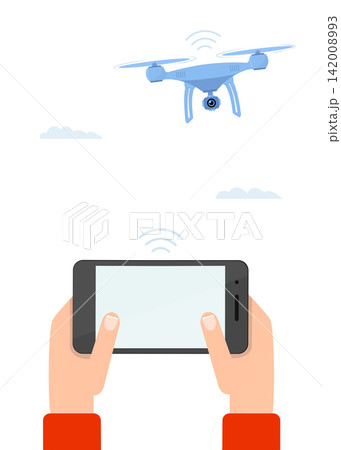 Hand holding smartphone with blank screen controlling a drone stock illustration. Hand holding smartphone with blank screen controlling a drone stock illustration. 142008993