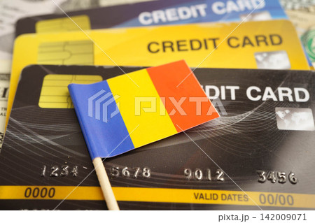 Romania flag on credit card, finance economy trading shopping online business. Romania flag on credit card, finance economy trading shopping online business. 142009071