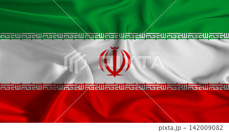 Colorful flag of Iran with silky fabric texture waving. Realistic Iran flag waving Colorful flag of Iran with silky fabric texture waving. Realistic Iran flag waving 142009082