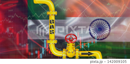 Gas pipeline with Emirati and Indian flag. Production and export of Emirati gas to India 142009105