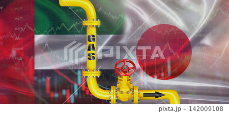 Gas pipeline with Emirati and Japanese flag. Production and export of Emirati gas to Japan 142009108