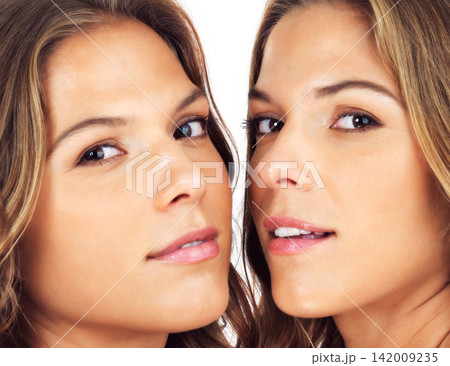 Woman, portrait and natural beauty at twins in studio on white background for skincare, treatment or dermatology. Female people, face and model together as family for healthy hygiene or confident Woman, portrait and natural beauty at twins in studio on white background for skincare, treatment or dermatology. Female people, face and model together as family for healthy hygiene or confident 142009235