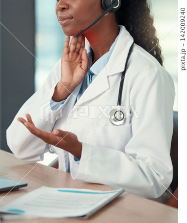 Telehealth, sore throat and doctor in hospital for medical advice, online consulting and diagnosis. Healthcare, mockup and black woman with virus, infection and red thyroid pain for wellness service Telehealth, sore throat and doctor in hospital for medical advice, online consulting and diagnosis. Healthcare, mockup and black woman with virus, infection and red thyroid pain for wellness service 142009240