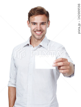 Studio, blank card and portrait of man with mockup, introduction and isolated on white background. Signage, business offer and happy male person with paper for news, announcement or deal information Studio, blank card and portrait of man with mockup, introduction and isolated on white background. Signage, business offer and happy male person with paper for news, announcement or deal information 142009598