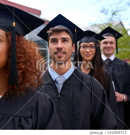 Education, university and students in row for graduation dreaming and thinking of future. Smile, waiting and group of young people in line for college degree, diploma or certificate by campus. 142009717