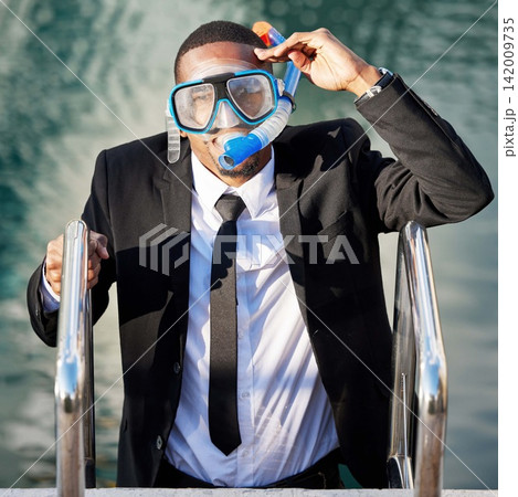 Businessman, trip and vacation with snorkel, water and travel for fun, corporate and employee. Outdoor, pool and portrait of male worker, diving and nature of sea, city and waves of New York for job Businessman, trip and vacation with snorkel, water and travel for fun, corporate and employee. Outdoor, pool and portrait of male worker, diving and nature of sea, city and waves of New York for job 142009735