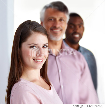 Woman, portrait and confident in office for company growth, employee and pride for career opportunity. Female person, agency and professional at creative business, planning and positive team Woman, portrait and confident in office for company growth, employee and pride for career opportunity. Female person, agency and professional at creative business, planning and positive team 142009763