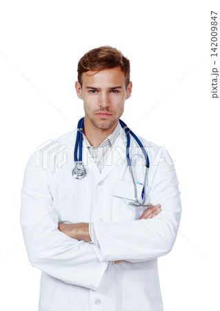 Hospital, doctor and portrait of man with crossed arms for medical career, job and work in studio. Professional, healthcare and person with stethoscope for cardiology, pulmonary service and wellness Hospital, doctor and portrait of man with crossed arms for medical career, job and work in studio. Professional, healthcare and person with stethoscope for cardiology, pulmonary service and wellness 142009847