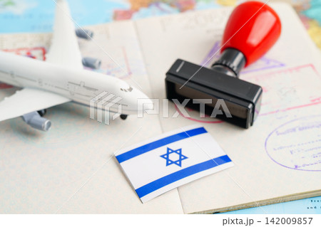 Israel passport with approved stamp on document for tourism to immigration at airport in country. 142009857