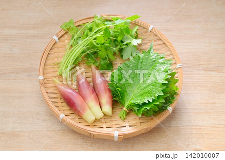 夏の薬味三種(大葉・しそ、みょうが・ミョウガ、姫三つ葉・三つ葉) 夏の薬味三種(大葉・しそ、みょうが・ミョウガ、姫三つ葉・三つ葉) 142010007