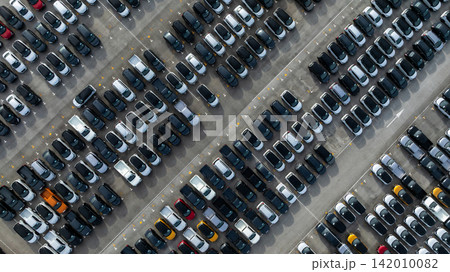 Aerial view new car lined up, Automobile automotive car parking lot commercial business industry,  Port of import export business logistic dealership, New cars global business logistic import export. 142010082