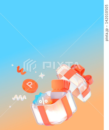 3D glass gift box with discount coupons and points for promo banner with copy space 3D glass gift box with discount coupons and points for promo banner with copy space 142010505