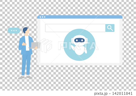 A male businessperson holding a laptop asks a question to an AI assistant. A male businessperson holding a laptop asks a question to an AI assistant. 142011841