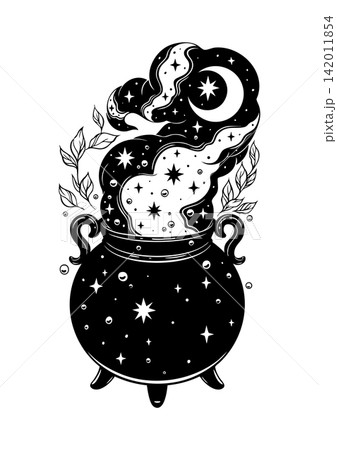Witch Cauldrons with Magic Smoke Crescent Moon and Stars Vector Illustration Witch Cauldrons with Magic Smoke Crescent Moon and Stars Vector Illustration 142011854